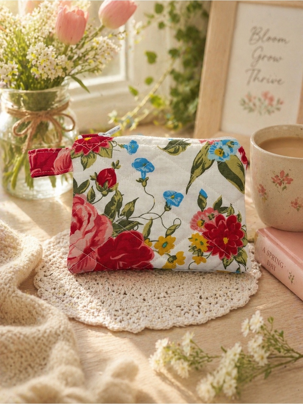 Cozy Spring Floral Quilted Keychain Wallet